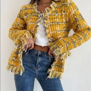 Plaid Patterned Open Front Raw Trim Cardigan in Mustard Yellow.